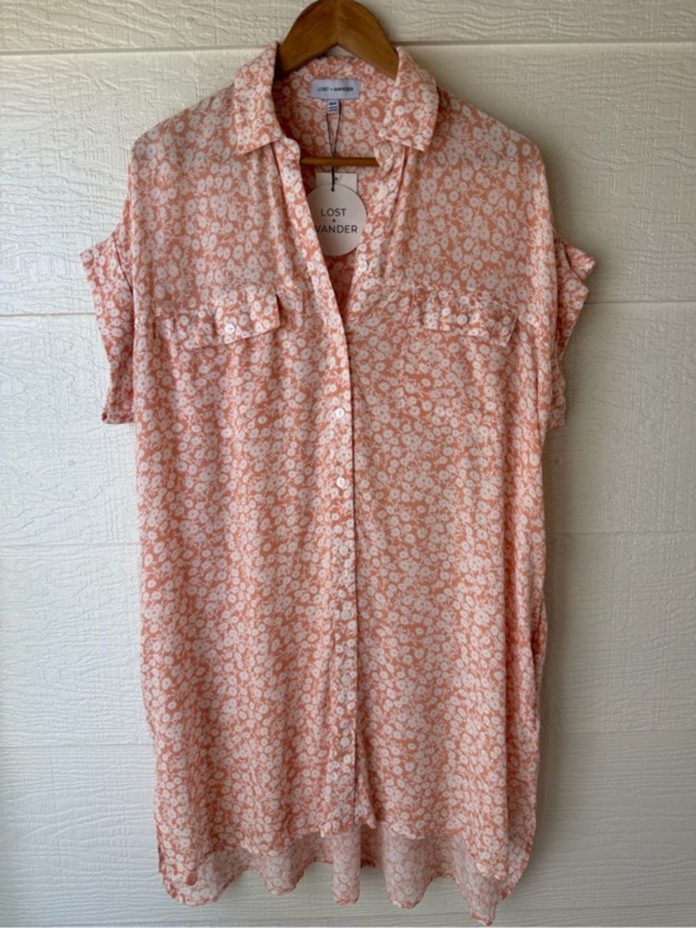 Lost + Wander Floral Shirt Dress Peach Ivory XS/S NWT